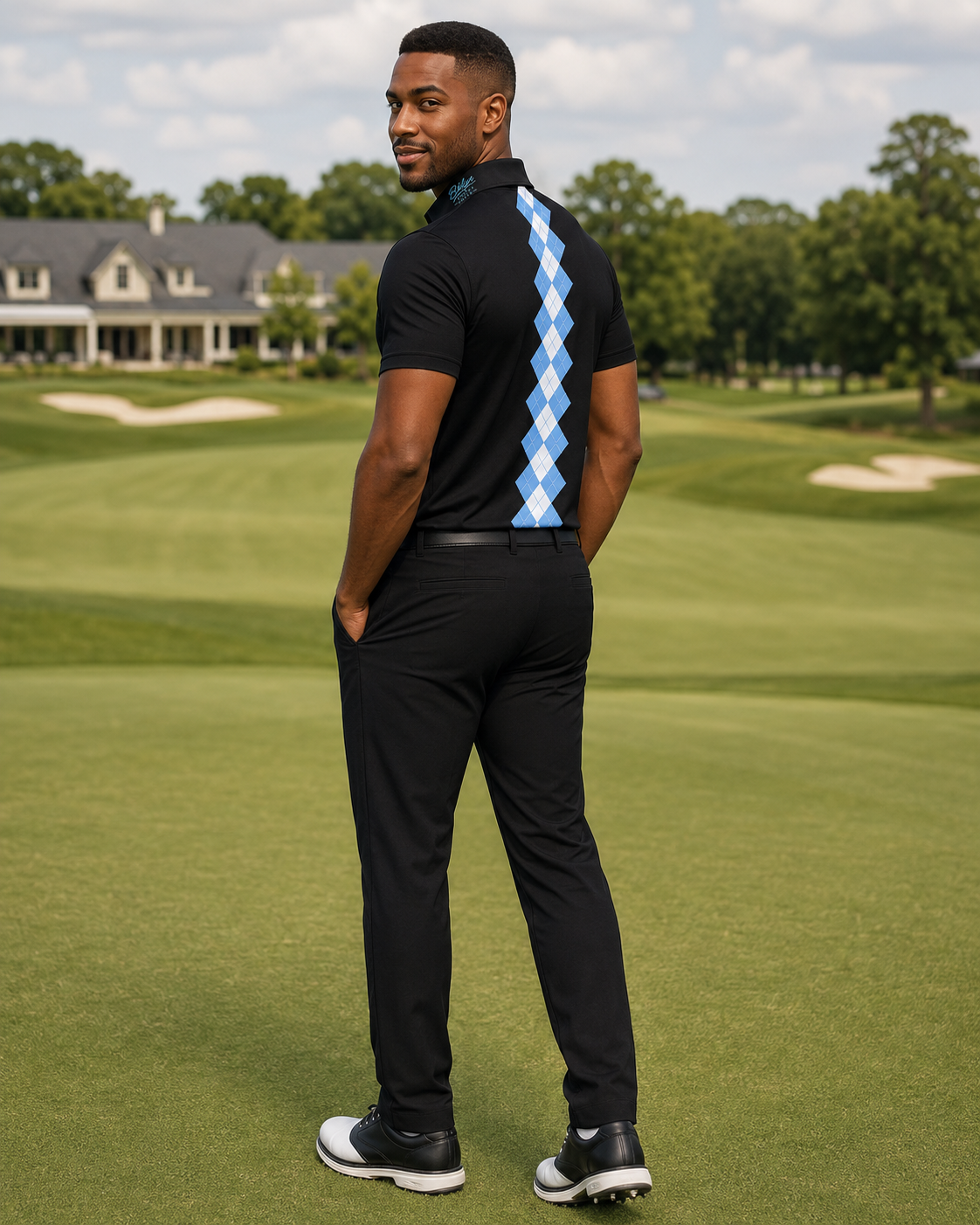 Men's Slim FitBlack Polo Shirt Light Blue Collar Logo/Argyle
