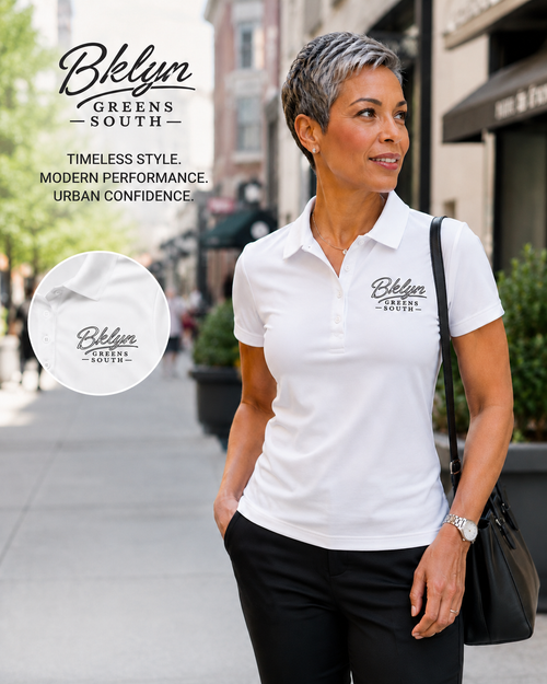 White Polo Shirt with White Logo Black Outline